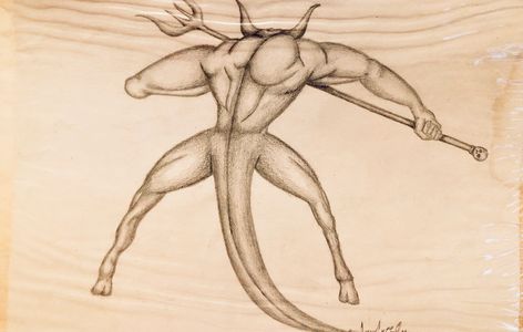 Early pencil drawing of a mythical creature from behind by artist Tom Grijalva