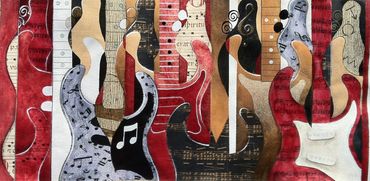 Sold - acrylic painting in bright vibrant colors.Electric guitars abstractly painted by Tom Grijalva