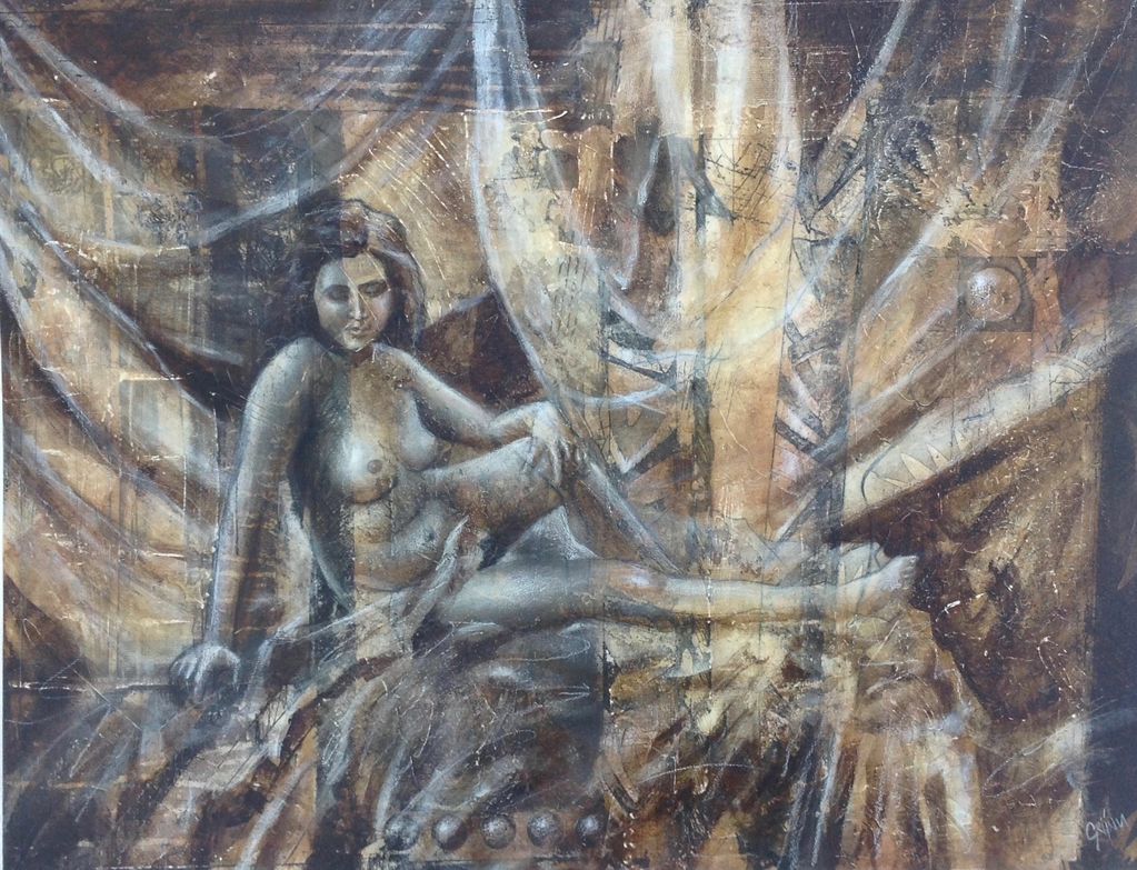 Acrylic on paper painting in misty earth tones. Female figure abstractly painted by Tom Grijalva
