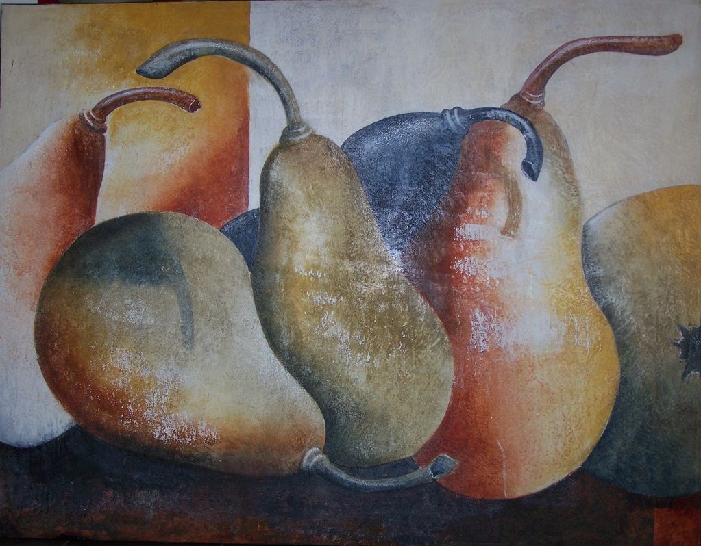 Acrylic on paper painting in bright vibrant colors. Pears abstractly painted by Tom Grijalva