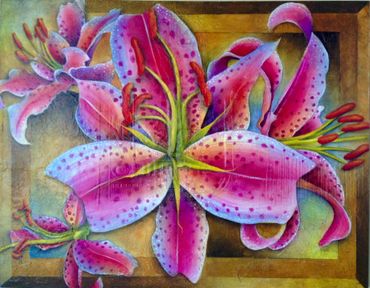 Canvas acrylic painting in bright vibrant colors. Pink flowers abstractly painted by Tom Grijalva