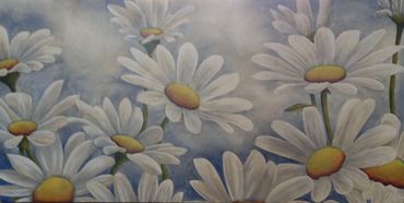 Canvas acrylic painting in bright vibrant colors. daisy flowers playfully painted by Tom Grijalva