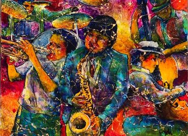 Plexiglass painting in bright vibrant colors. Live musical themed abstract painted by Tom Grijalva
