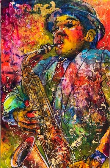 Plexiglass painting in bright vibrant colors. Sax musician abstractly painted by Tom Grijalva
