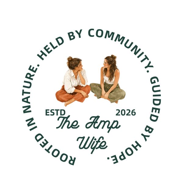 Logo of The Amp Wife with two women and circular text.