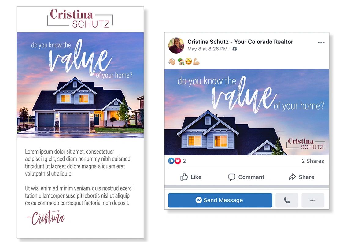 Example of an email and Facebook post asking "do you know the value of your home?"