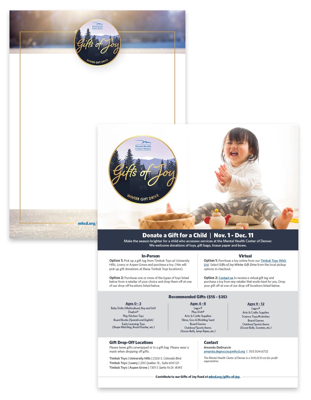 Gifts of Joy Winter Gift Drive letterhead and flyer