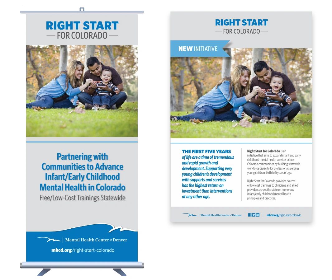 Right Start for Colorado stand-up banner and postcard