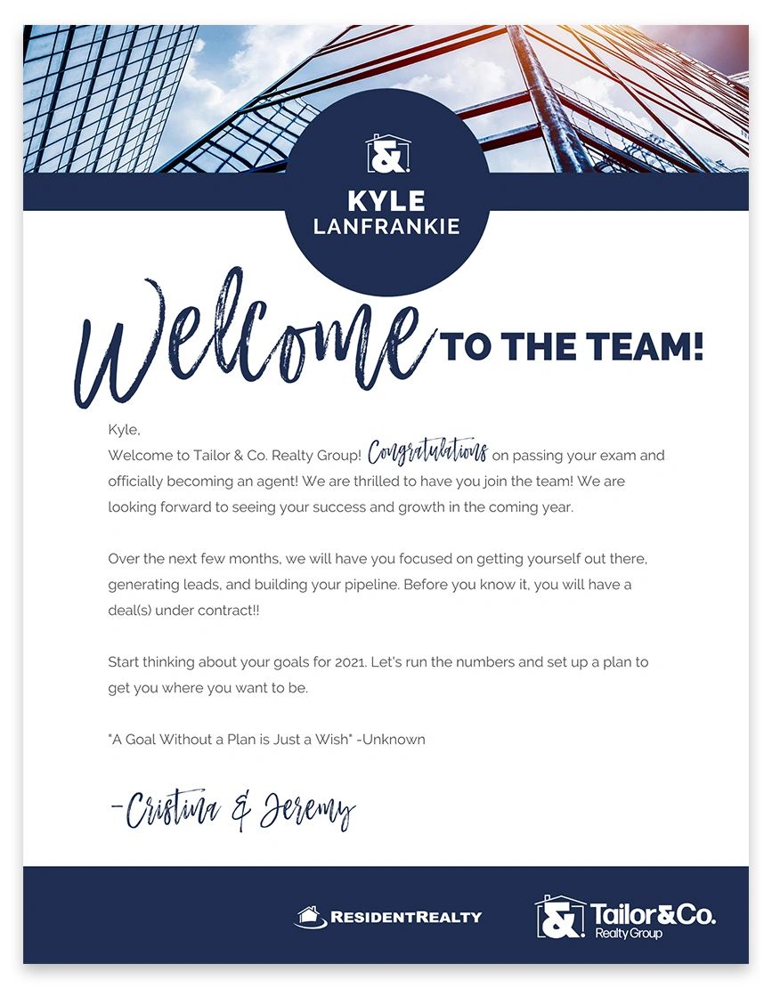 Tailor & Co. Realty Group welcome letter for new real estate agents.