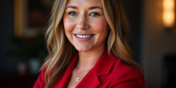 Confident woman in a red blazer smiling warmly indoors.