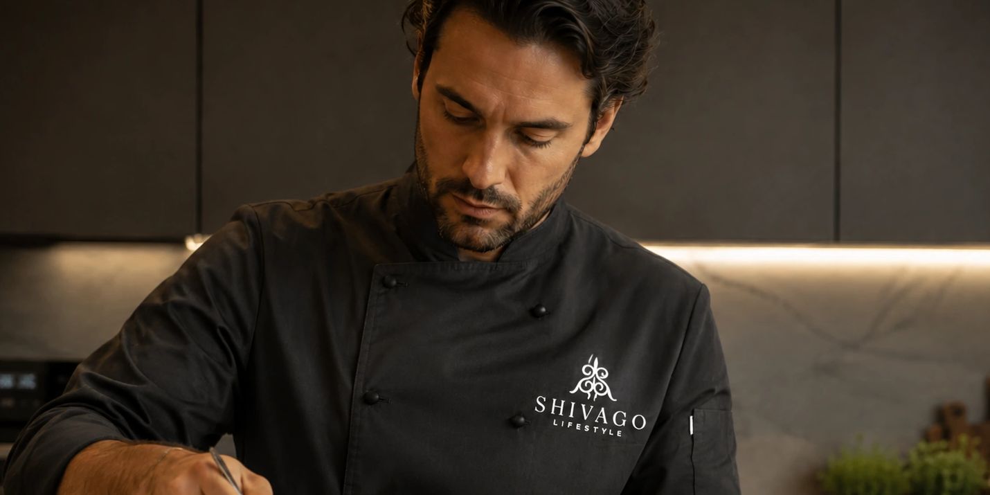 Chef in black uniform focused on cooking in a modern kitchen.