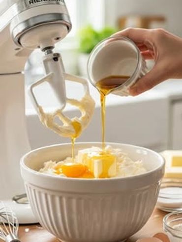 Pouring liquid ingredient into a mixing bowl with a stand mixer in kitchen.