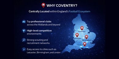 Map showing Coventry's central location in England's football ecosystem with key cities highlighted.