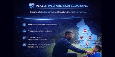 A poster promoting player welfare and safeguarding in football environments with key safety points.