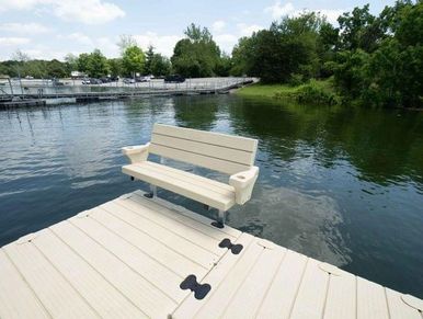 Bench attached to ez dock floating dock with rubber coupler brackets