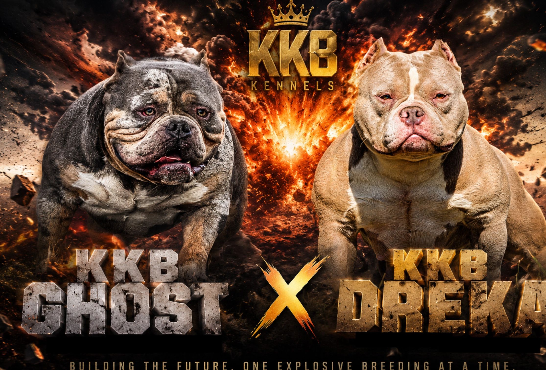 Two muscular dogs with explosive background and KKB Kennels logo.