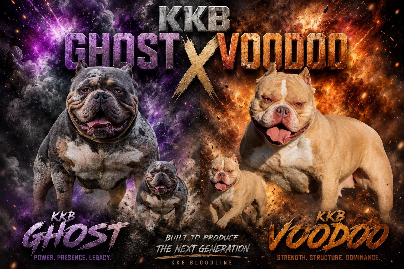 Two muscular dogs, KKB Ghost and KKB Voodoo, with bold backgrounds and strong text.