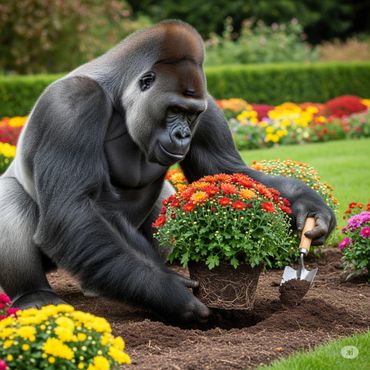 A gorilla planting colorful flowers in a garden with a small gardening shovel.
