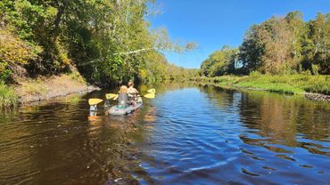 Two people kayaking on a calm river surrounded by green trees.