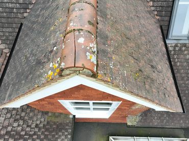 Broken ridge found during roof survey (drone shot)
