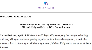 Anime Village Press release about Michael Kelly and Oscar Jimenez joining the Team.