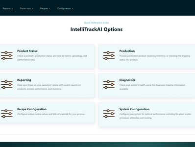 Dashboard displaying IntelliTrackAI options for production, reporting, diagnostics, and configuration.