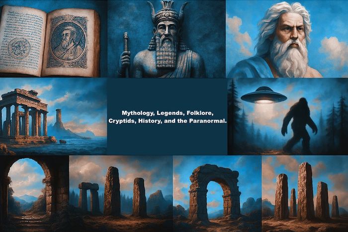 Collage depicting mythology, ancient ruins, legends, and paranormal themes.