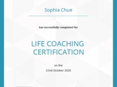 Life coaching certification for Sophia Chue.