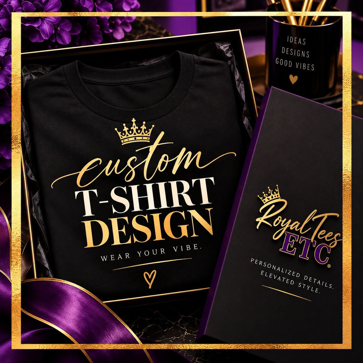 Elegant custom T-shirt design packaging with royal theme.