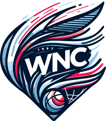 WNC basketball logo with stylized feather and basketball design.