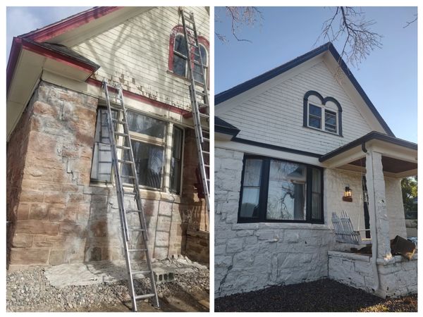 Before and after picture of a house built in 1904. This stone and wooden exterior was restored to be