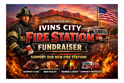 Firefighter promotes Ivins City Fire Station fundraiser with fire and community visuals.