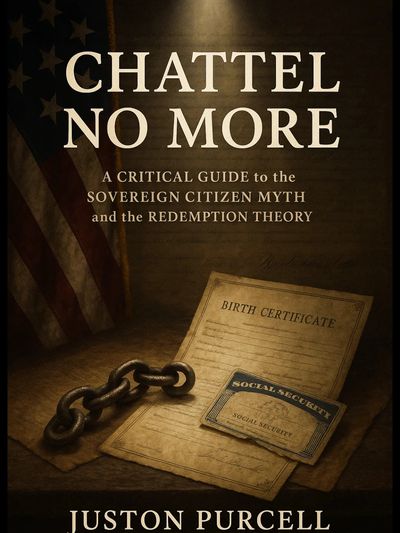 Book cover titled 'Chattel No More' with documents and a heavy chain.
