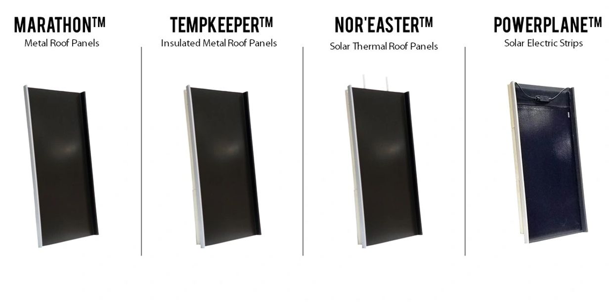 Photos of four types of INroof.solar metal roof panels