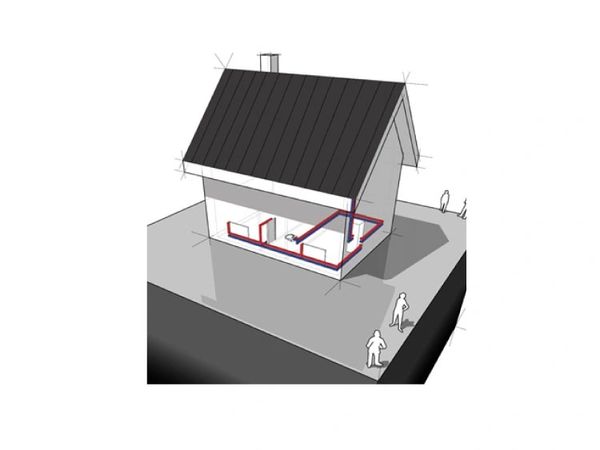 A diagram showing an INroof solar roof and the hot and cold water lines within the home