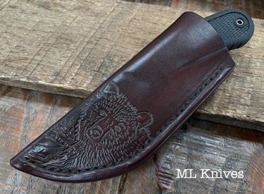 Free Hand Black Bear tooled and carved left hand sheath Dark Brown. ML Knives