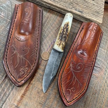Custom Sheaths for my Old World Spear Point. ML Knives Free Hand Scroll & Vine Work.