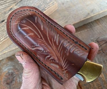Lock back Folding Knife Sheath. Free Hand tooled & Carved Vine Work. ML Knives