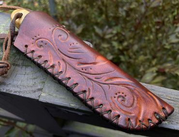 Custom Hand Cross Stitched Neck Sheath. Scroll & Vine Work. ML Knives