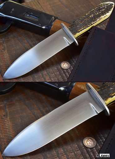 San Francisco Style Bowie with antiqued elk stag. About a 6 inch blade. Knife ML Knives