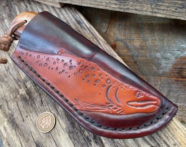 Custom Free Hand tooled and carved brook trout sheath ML Knives