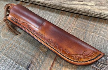 Custom Sheath. Free Hand scroll & vine work along stitch line. ML Knives