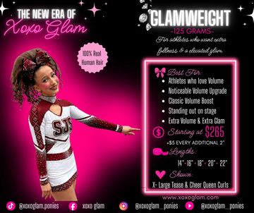 Advertisement for Xoxo Glam 100% real human hair extensions offering glam volume for athletes.
