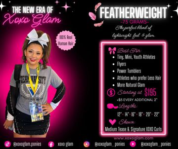 Cheerleader modeling Xoxo Glam featherweight hair extensions for athletes and tumblers.