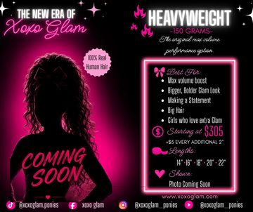 Promotional ad for heavyweight 150 grams Xoxo Glam hair extensions with a bold glam look.