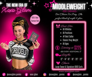 Ad showcasing Xoxo Glam Middleweight hair extensions made of 100% real human hair.