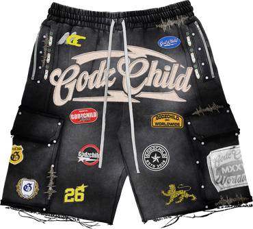 Black shorts with multiple colorful patches and white drawstrings.