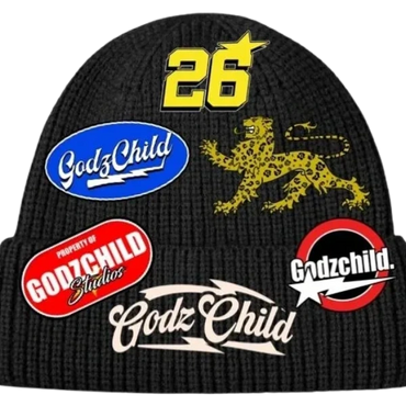 Black beanie with multiple colorful GodzChild logos and a yellow leopard design.