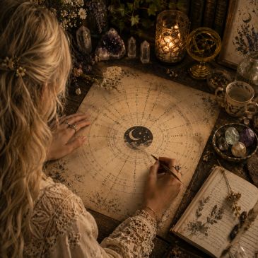 A woman drawing a celestial chart by candlelight.