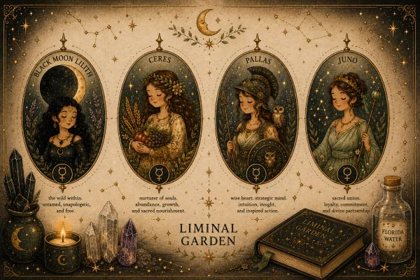 Four mystical women representing Black Moon Lilith, Ceres, Pallas, and Juno with symbolic elements.